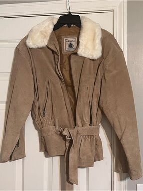 Northwest Territory Tan Suede Bomber Jacket with Cream Faux Fur Collar
